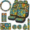 17 Pcs Hippie Flower Car Seat Cover Set Universal Car Accessories Colorful Art Floral Seat Cover Steering Wheel Cover Car Armrest Cover Cup Holder Mat Keyring Shoulder Pad Wrist Strap for Wo