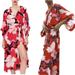 Zara Dresses | New Htf Zara Red Floral Satin Kimono Tie Waist Faux Wrap Midi Dress - M | Color: Red/White | Size: M