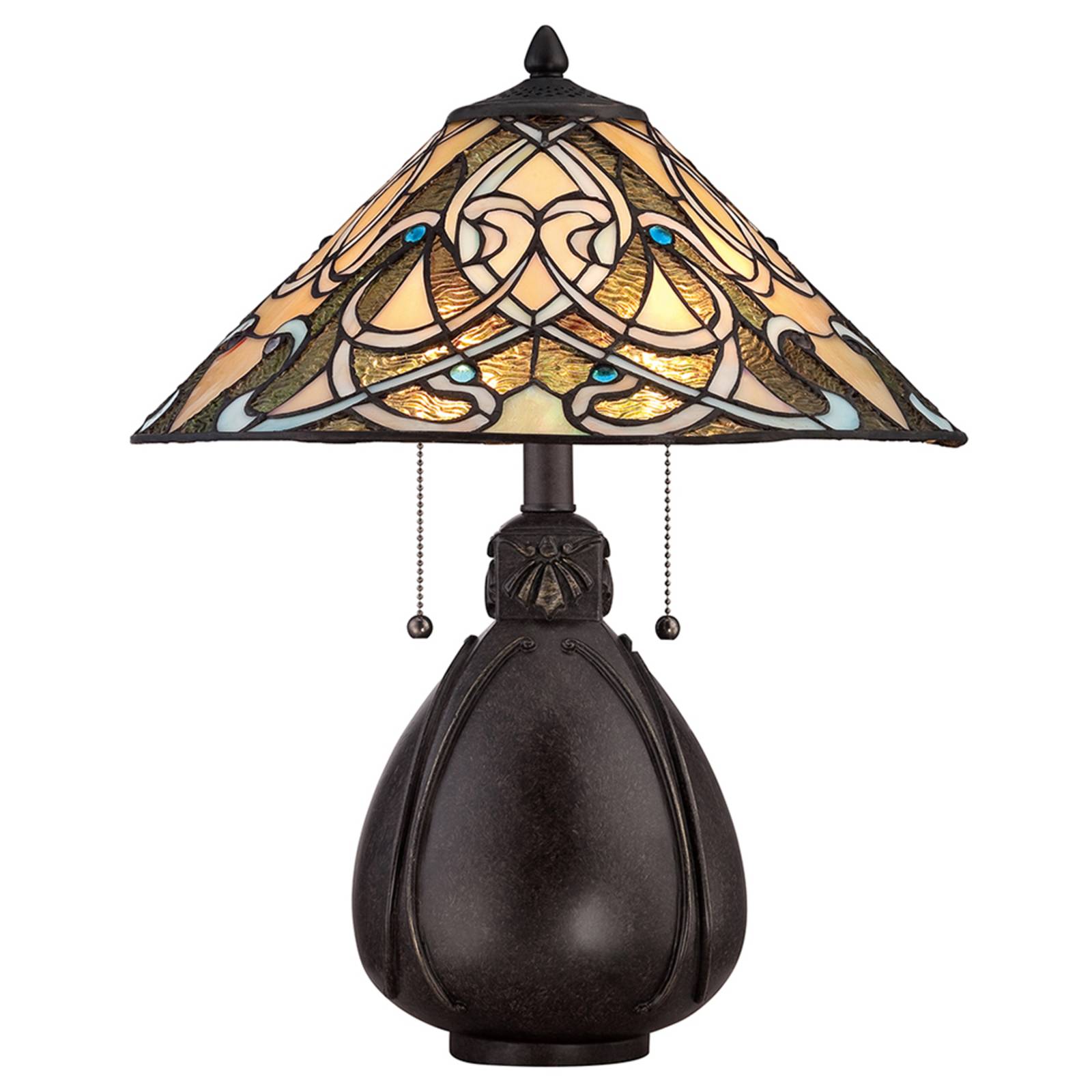 QUOIZEL Tiffany Tischlampe India, schwarz, für Wohn- / Esszimmer, Glas, Tiffany, Tischlampe