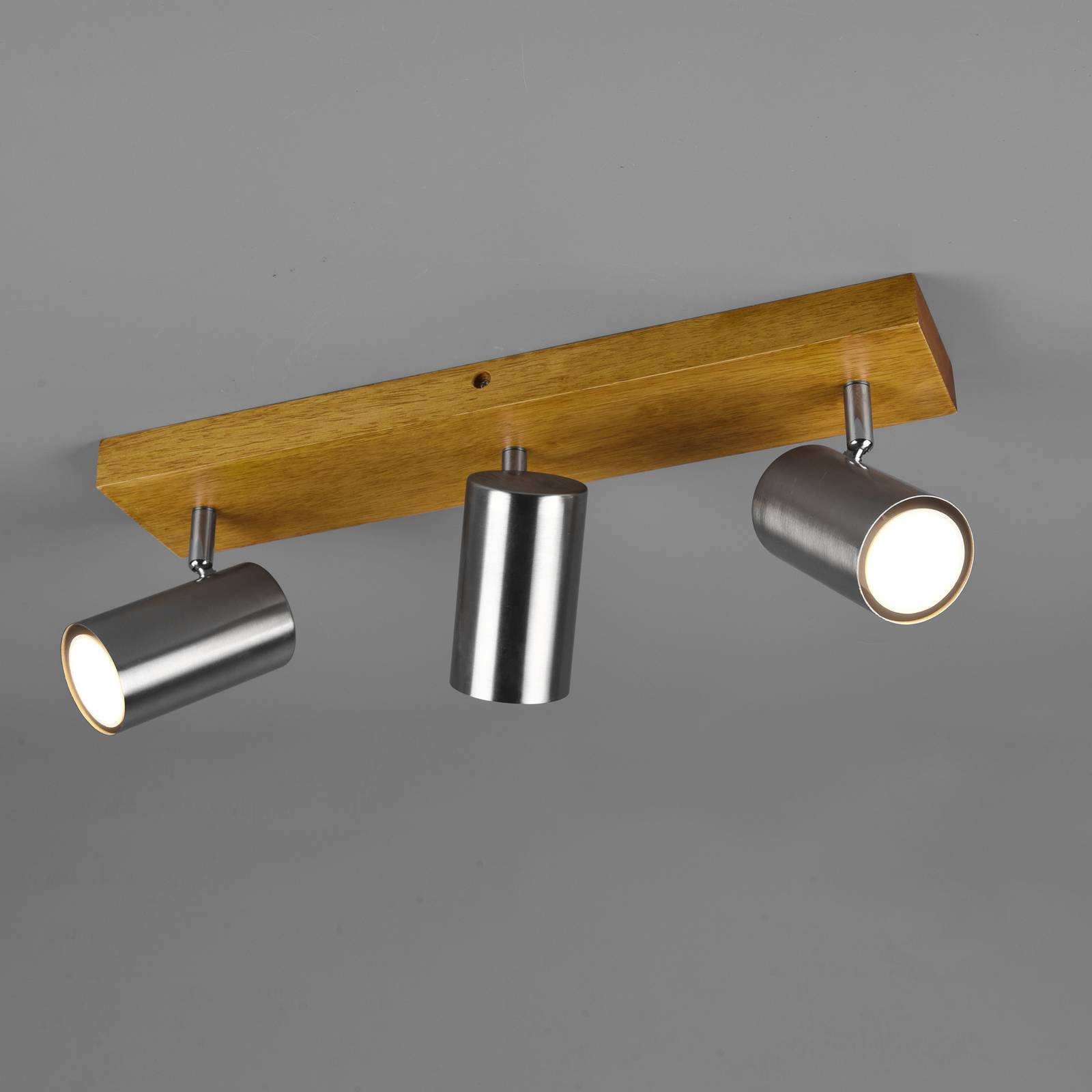 Trio Lighting Deckenstrahler Marley, nickel matt, 3-flammig dimmbar, Holz hell, für Wohn- / Esszimmer, Holz, Modern, Strahler