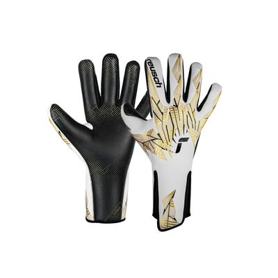 Torwarthandschuhe REUSCH "Pure Contact GluePrint Strapless", Damen, Gr. 12, gold (weiß, goldfarben), 72% Elastodien, 23% Polyester, 5% Polyamid, mehrfarbig, sportlich, Handschuhe, mit Negative Cut