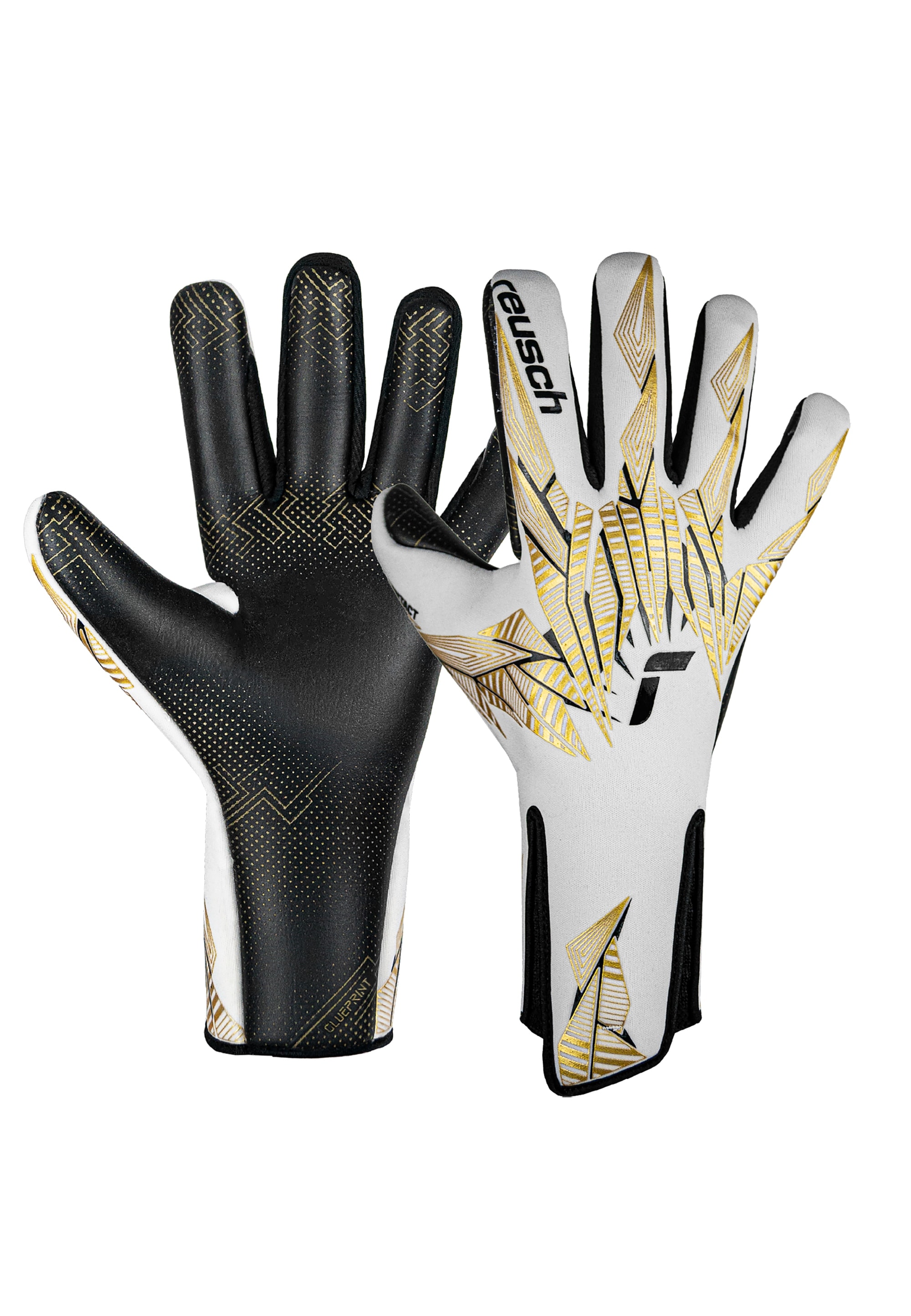 Torwarthandschuhe REUSCH "Pure Contact GluePrint Strapless", Damen, Gr. 9.5, gold (weiß, goldfarben), 72% Elastodien, 23% Polyester, 5% Polyamid, mehrfarbig, Handschuhe, mit Negative Cut Image