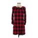 Madewell Casual Dress - Shift Tie Neck 3/4 sleeves: Red Checkered/Gingham Dresses - Women's Size X-Small