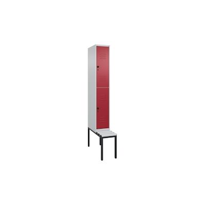C+P Spind Classic PLUS, Kunststoff untergebaute Sitzbank, 2 Abteile, HxBxT 212x30x82cm, Sicherheitsdrehriegel, Hellgrau/Rubinrot von PROREGAL Image