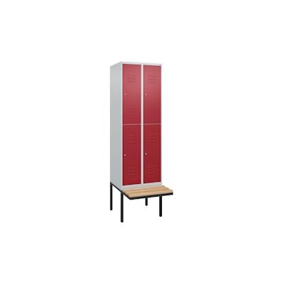 C+P Spind Classic PLUS, Buche schwebende Sitzbank, 4 Abteile, HxBxT 212x60x82cm, Zylinderschloss, Hellgrau/Rubinrot von PROREGAL Image