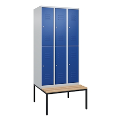 C+P Spind Classic PLUS, Buche untergebaute Sitzbank-Harthol, 6 Abteile, HxBxT 212x90x82cm, Zylinderschloss, Hellgrau/Enzianblau von PROREGAL Image