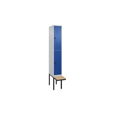 C+P Spind Classic PLUS, Buche schwebende Sitzbank, 2 Abteile, HxBxT 212x30x82cm, Sicherheitsdrehriegel, Hellgrau/Enzianblau von PROREGAL Image