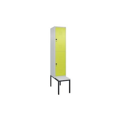 C+P Spind Classic PLUS, Kunststoff untergebaute Sitzbank, 2 Abteile, HxBxT 212x40x82cm, Sicherheitsdrehriegel, Hellgrau/Clowngrün von PROREGAL Image