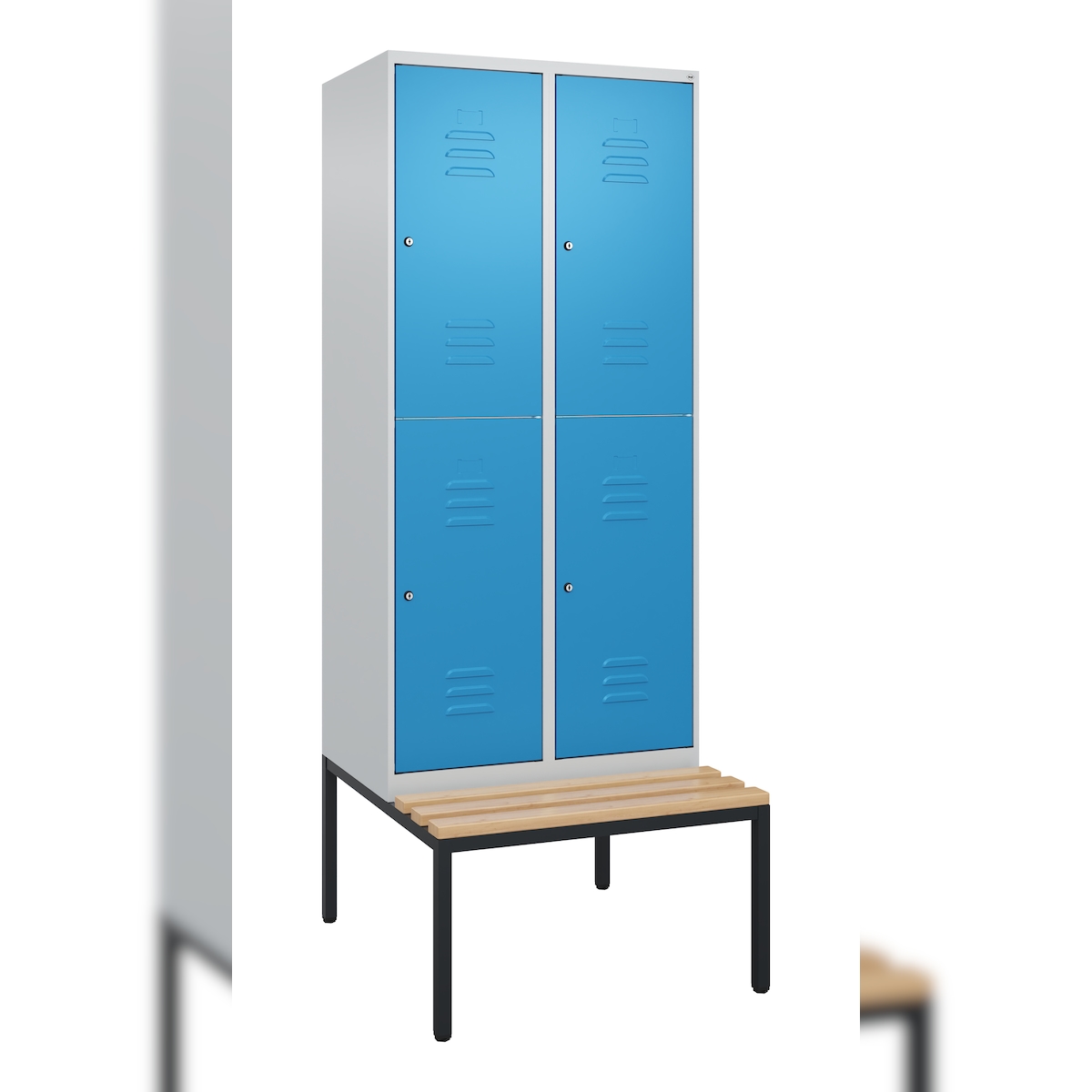 C+P Spind Classic PLUS, Buche untergebaute Sitzbank-Harthol, 4 Abteile, HxBxT 212x80x82cm, Zylinderschloss, Hellgrau/Lichtblau von PROREGAL Image