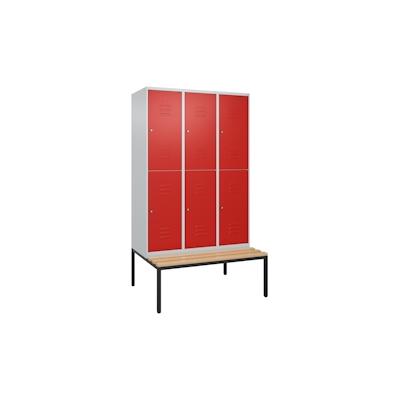 C+P Spind Classic PLUS, Buche untergebaute Sitzbank-Harthol, 6 Abteile, HxBxT 212x120x82cm, Zylinderschloss, Hellgrau/Rot von PROREGAL Image