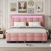 Queen Size Linen Upholstered Platform Bed with Twin XL Size Trundle & 2 Drawers, LED Light Bunk Bed for Kids Teens Adults, Pink