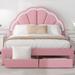 Full Size PlatformUpholstered Bed w/ Petal Shaped Headboard,Kids Wood Bed Frame w/ LED Light & 2 Drawers for Girls Boys, Pink