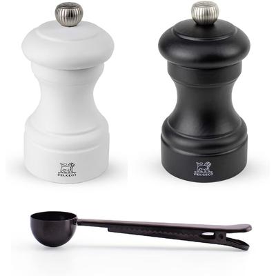 Peugeot Bistro 4 Inch Salt & Pepper Mill Gift Set, Matte White & Black - With Stainless Steel Spice Scoop/Bag Clip