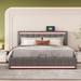 Queen Size Linen Upholstered Platform Bed with Hydraulic Storage System, LED Light, and a set of USB Ports and Sockets, Gray