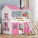 Twin Loft House Playhouse Bunk Bed with Tent, Kids Loft Bed with Ladders,Guardrail, Windows and Roof for Kids, Pink+White