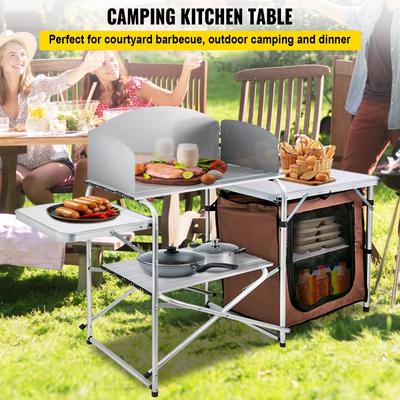 VEVOR Outdoor 2-Tier Kitchen with Zippered Bag Portable Folding Cook Table for BBQ, Party and Camping Brown