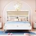 Full Size Princess Bed Platform Bed Frame Carriage-Shaped Design Princess Bed with 3D Carving Pattern, 4 Wheels - White+Pink