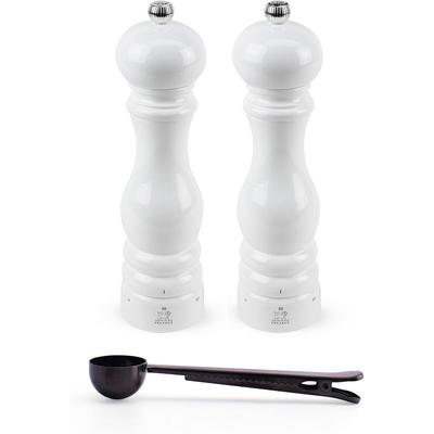 Peugeot Paris u'Select White Lacquer Salt & Pepper Mill, Gift Set - With Stainless Steel Spice Scoop/Bag Clip (9 Inch)