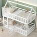 White Twin House Bunk Bed with Fence and Door, Wood House Playhouse Bed Bunk Bed with Ladder, Floor Bunk Bed for Bedroom