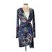 BCBGMAXAZRIA Casual Dress - Wrap Plunge Long sleeves: Blue Dresses - Women's Size Large