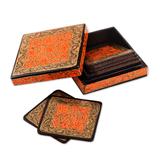 Kashmir Warmth,'Orange Floral Motif Papier Mache Coasters (Set of 6)'