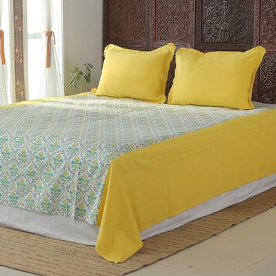 'Block-Printed Jonquil Twin Bedspread and Pillow Sham Set'