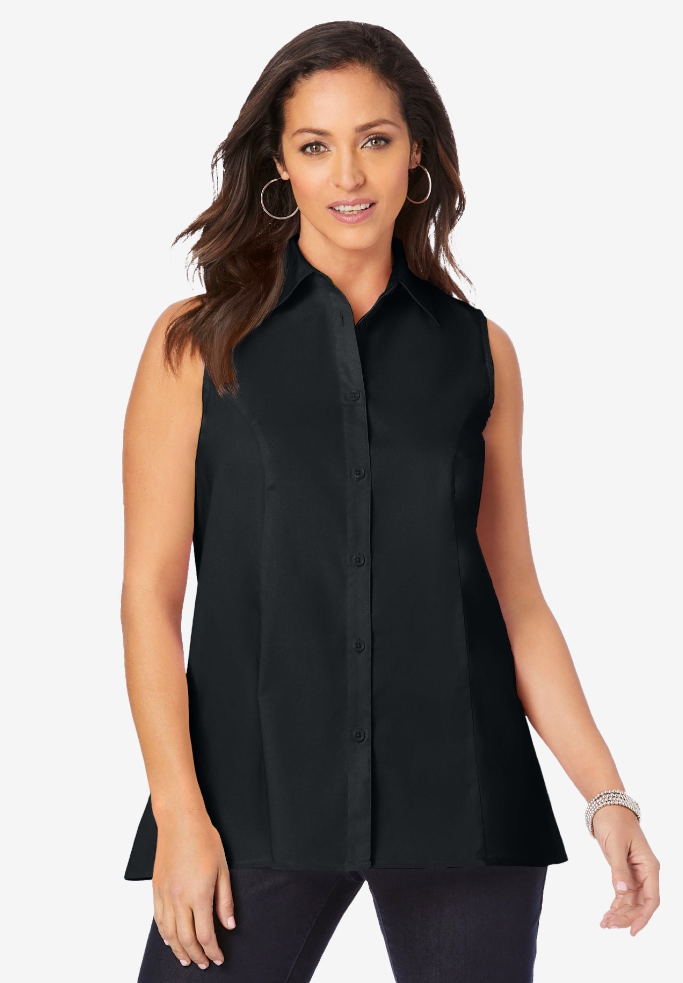 Plus Size Women's Stretch Cotton Poplin Sleeveless Shirt by Jessica London in Black (Size 14 W)