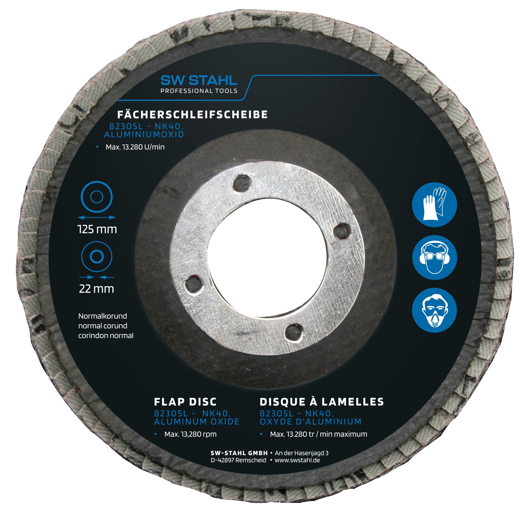 SWSTAHL Fächerschleifscheibe, Aluminiumoxid, 125 mm, NK40, 10 Stück Schleifscheibe, Winkelschleifer 82305L Image