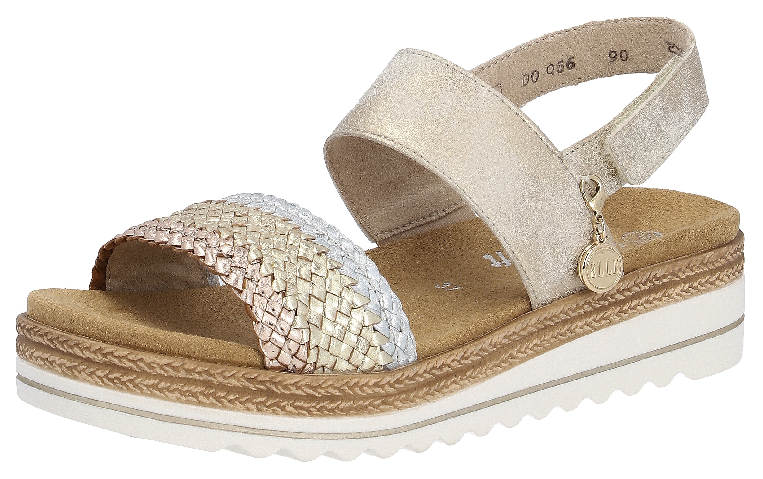 Keilsandalette REMONTE "ELLE-Collection", Damen, Gr. 38, beige (goldfarben, beige), Leder, Lederimitat, Flechtoptik, Schuhe, Sommerschuh, Sandale, Keilabsatz, mit Flechtbandage im Metalliclook
