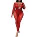 Women Jumpsuit Long Sleeve Off-shoulder Hollowed See-through Romper