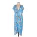 Casual Dress - Midi Plunge Short sleeves: Blue Floral Dresses - Women's Size Medium