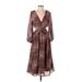 Ranna Gill Casual Dress - Midi Plunge 3/4 sleeves: Brown Leopard Print Dresses - Women's Size Small