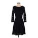 LC Lauren Conrad Casual Dress - A-Line Crew Neck 3/4 sleeves: Black Print Dresses - Women's Size 4