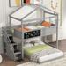 Twin over Full Loft Bed House Bunk Bed with Storage Staircase and Blackboard Suitable for Bedroom and Dormitory