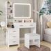 Ebern Designs Aimer Vanity Desk w/ Stool, Led Mirror & Charging Station, Vanity Makeup Table w/ 5 Drawers in Brown/White | Wayfair