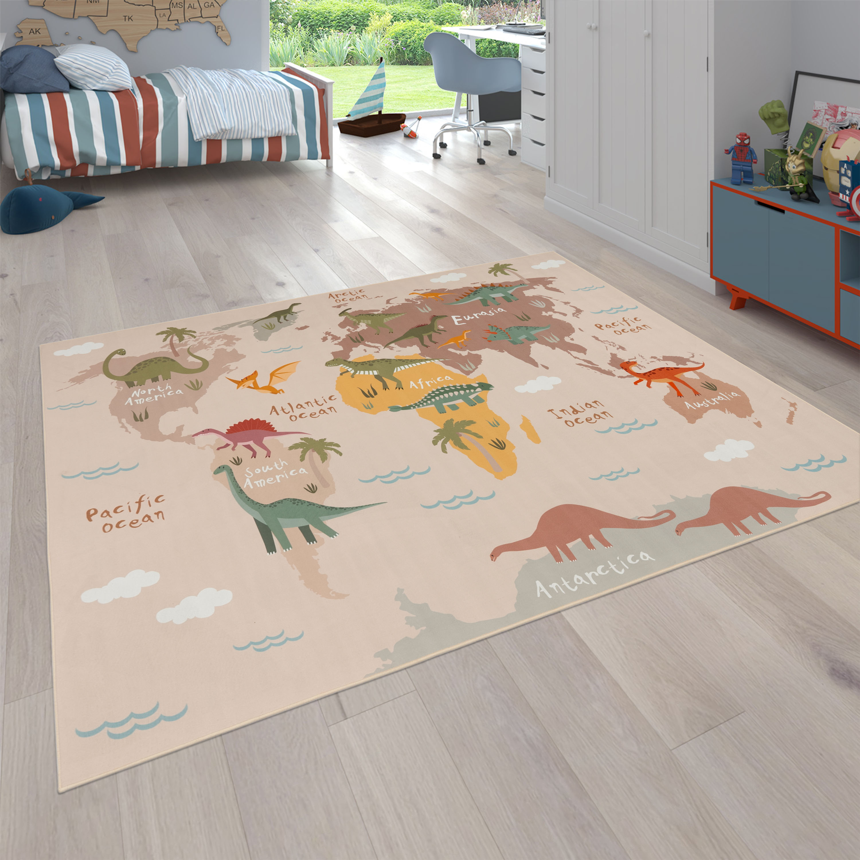 Kinderteppich PACO HOME "Bino 583", beige, B:200cm H:4mm L:200cm, Polyester, Teppiche, Kinderteppich, Spielteppich, Motiv Weltkarte & Dinosaurier, Kinderzimmer