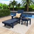 Polytrends Shoreside Modern Poly Eco-Friendly All Weather Reclining Chaise Lounge With Arms Wheels & Side Table (2-Piece Set) Navy Blue