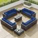 Kullavik 15PCS Outdoor Patio Furniture Set with Fire Pit Table & Glass Top Coffee Table Navy Blue