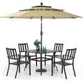 VILLA 5 Piece Outdoor Dining Set with 10ft Umbrella 37 Square Metal Dining Table & 4 Stacking Metal Chair with 3 Tier Beige Umbrella for Patio Deck Yard Porch