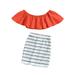 Canrulo Toddler Baby Girl Summer Outfits Ruffle Off Shoulder Short Sleeve Crop Top Shirt Striped Pencil Skirt 2Pcs Clothes Orange 3-4 Years