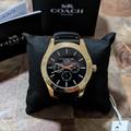 Coach Accessories | Coach Casey 42mm Quartz Movement Water Resistant Mens Watch New In Box | Color: Black/Gold/Tan | Size: Approx. Case Diameter: 42mm