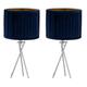 firstchoicelighting Set of 2 Polished Chrome Tripod Table Lamps or Bedside Lights, Modern, Navy Blue Pleat Velvet Shade, Height 54cm, LED Compatible