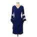 R&M Richards Casual Dress - Wrap V Neck 3/4 sleeves: Blue Solid Dresses - Women's Size 6