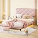 Twin Size Upholstered Platform Bed with Linen Fabric Tufted Headboard, Floating Platform Bed with Wood Slats
