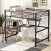 Full Size Loft Bed with Built-in Wood Desk, Metal Bed with Storage Shelf, Bed with Ladder and Full-Length Guardrail