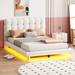 Full Size Upholstered Platform Bed with LED Frame, Velvet Upholstered Button-Tufted Headboard and Wood Slats