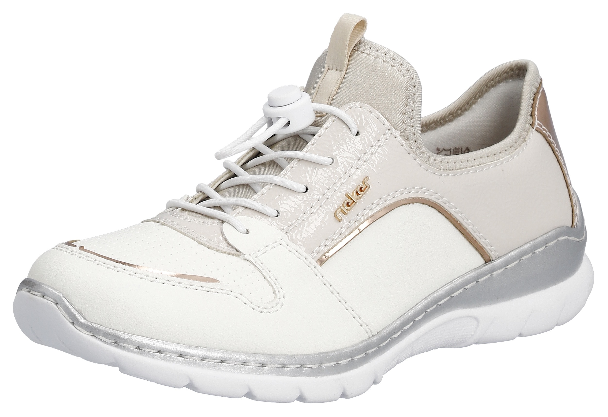 Slip-On Sneaker RIEKER, Damen, Gr. 41, beige (sanftes weiß, creme), Lederimitat, Textil, metallic, Schuhe Sneaker, Slipper, Schlupfschuh, Freizeitschuh mit Gummizug und Elastikeinstieg