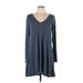 Express Outlet Casual Dress - A-Line V-Neck Long sleeves: Blue Marled Dresses - Women's Size Large