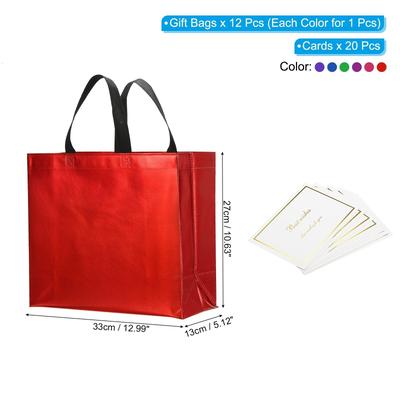 Gift Bags with Cards, 12 Set 13" Reusable Non-Woven Gift Goodie Bags - 6 Colors - 13"x11"x5"