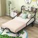 Twin Size Metal Car Bed with 4 Wheels, Guardrails & X-Shaped Frame Shelf, Twin Metal Bed for Teens